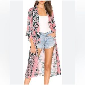 Angie Pink Floral Flowy Open Front Kimono Duster Layer Blouse Size Small